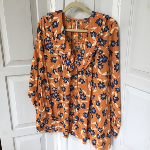 Free People Orange Floral Blouse ~Oversized - Picture 8 of 16